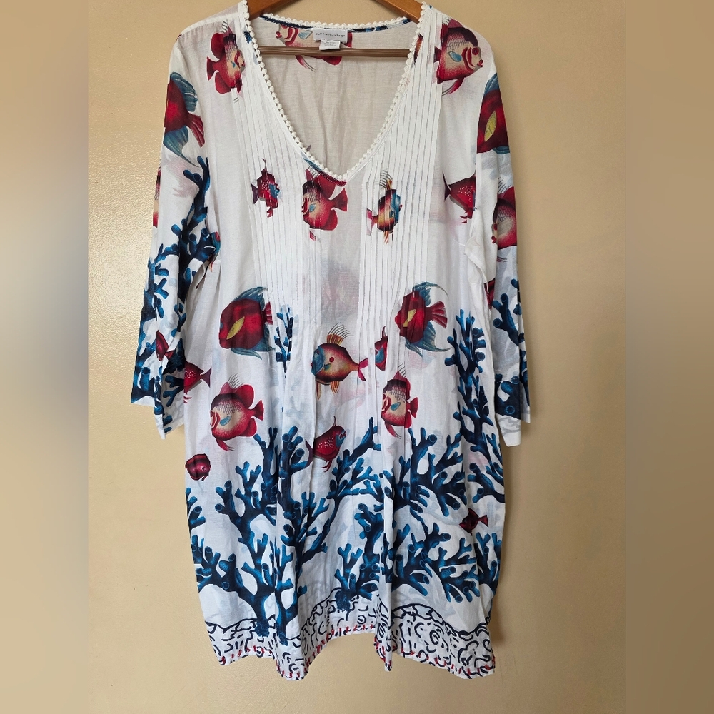 Soft Surroundings Seychelles Tunic Dress 2X Fish Coral Cotton Beach CoverUp Boho - Picture 2 of 11